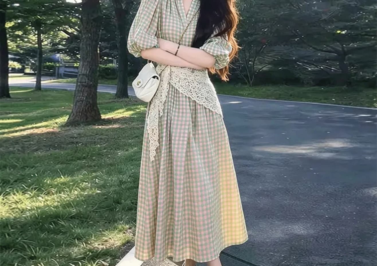 실사 임산부 드레스 여름 신제품 레트로 파란색 체크무늬 품격 드레스 패션 중간 길이 반팔 여성 상세 이미지 15