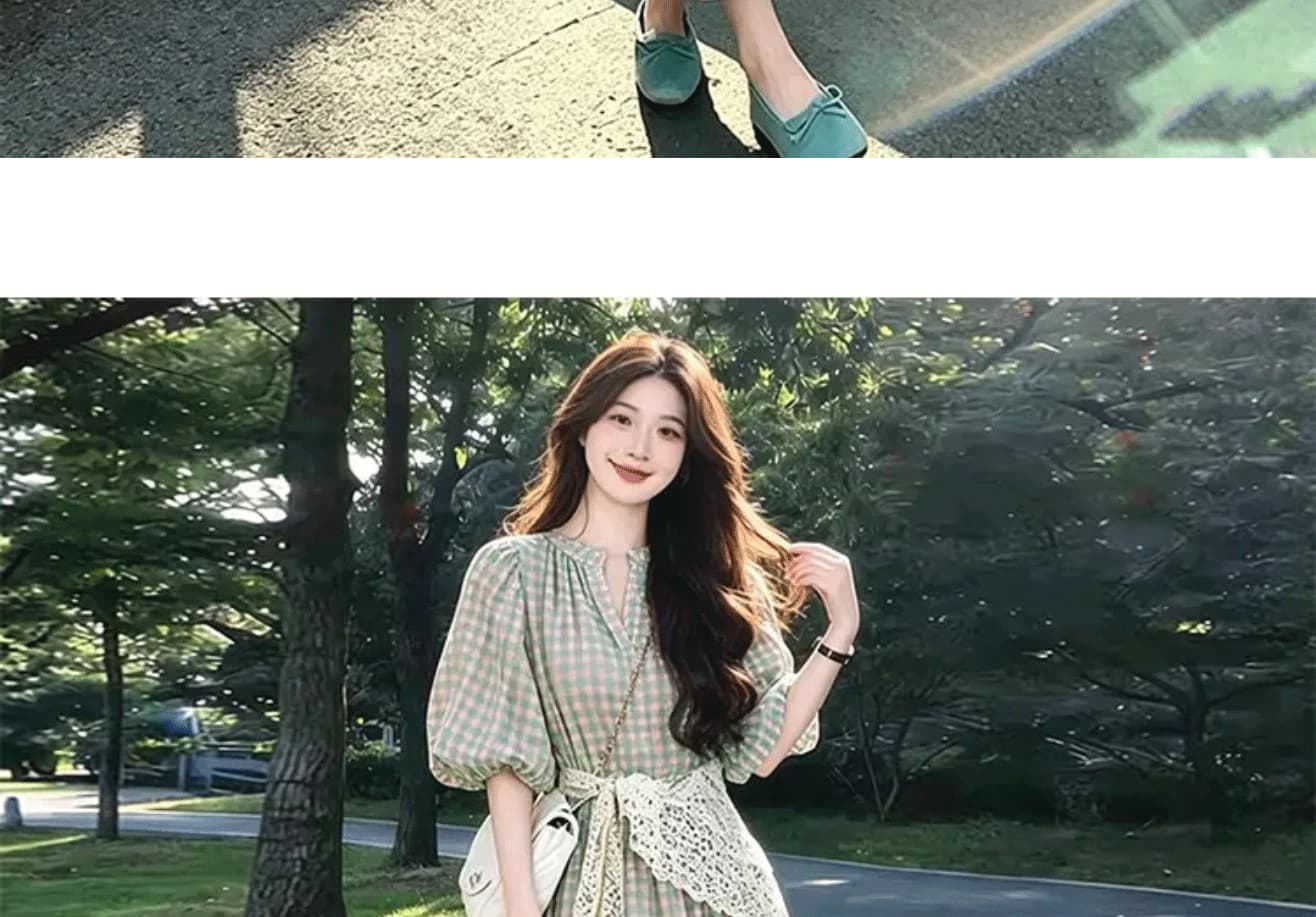 실사 임산부 드레스 여름 신제품 레트로 파란색 체크무늬 품격 드레스 패션 중간 길이 반팔 여성 상세 이미지 18