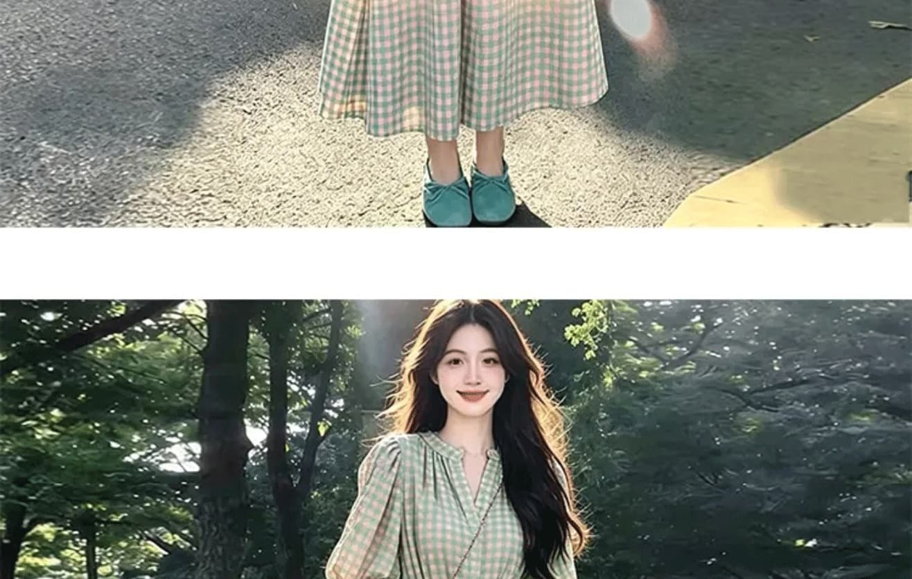 실사 임산부 드레스 여름 신제품 레트로 파란색 체크무늬 품격 드레스 패션 중간 길이 반팔 여성 상세 이미지 23