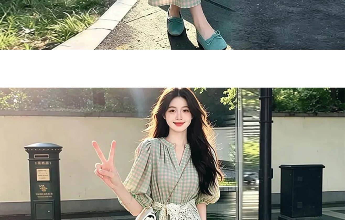 실사 임산부 드레스 여름 신제품 레트로 파란색 체크무늬 품격 드레스 패션 중간 길이 반팔 여성 상세 이미지 25