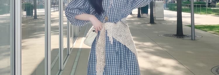 실사 임산부 드레스 여름 신제품 레트로 파란색 체크무늬 품격 드레스 패션 중간 길이 반팔 여성 상세 이미지 30