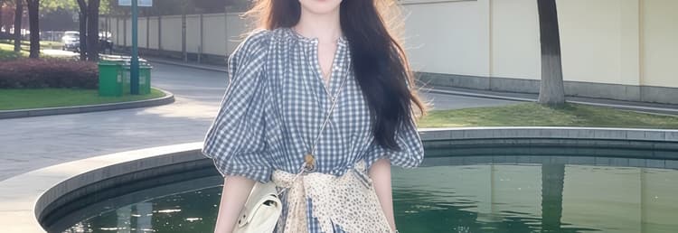 실사 임산부 드레스 여름 신제품 레트로 파란색 체크무늬 품격 드레스 패션 중간 길이 반팔 여성 상세 이미지 45