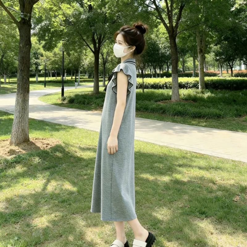 실사 여름 새로운 출산 스커트 작은 대중 디자인 센스 캐주얼 슬림해 보이는 표지 고기 중간 길이 드레스 반팔 여성 이미지 5