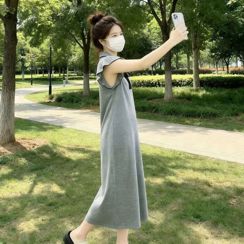 실사 여름 새로운 출산 스커트 작은 대중 디자인 센스 캐주얼 슬림해 보이는 표지 고기 중간 길이 드레스 반팔 여성 이미지 4