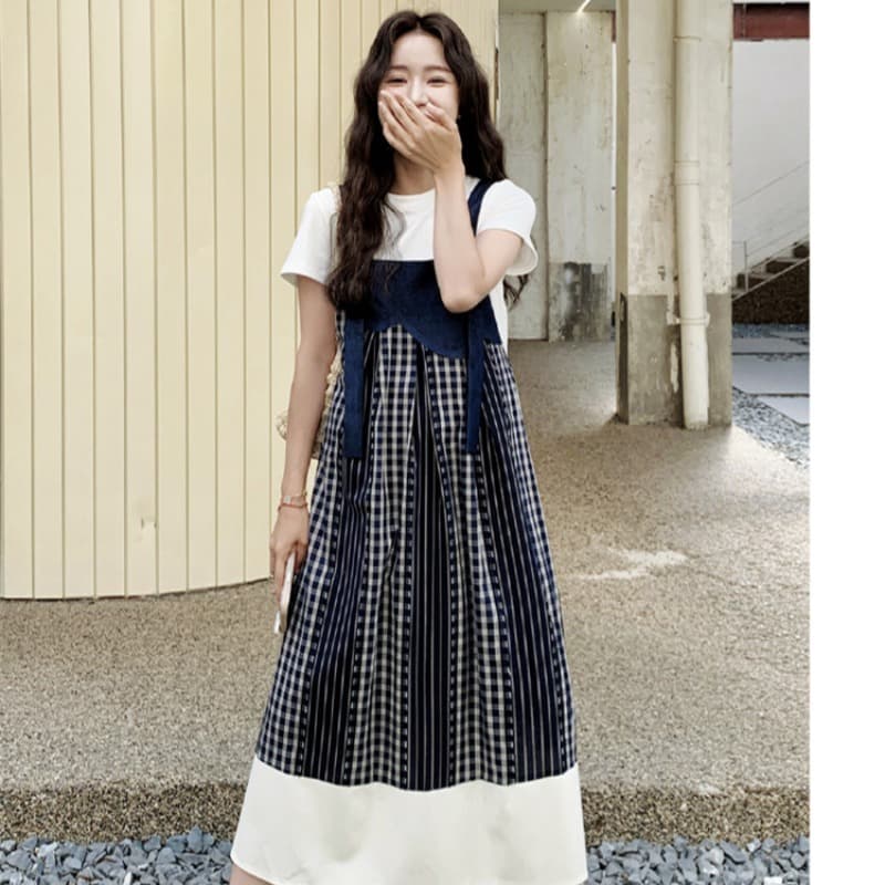 실사 출산 착용 체크무늬 패치워크 배색 멜빵 스커트 여성 여름 한국 스타일 루즈핏 연령 감소 학원 스타일 슬립 롱 스커트 이미지 5