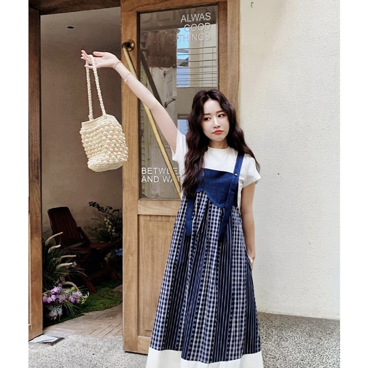 실사 출산 착용 체크무늬 패치워크 배색 멜빵 스커트 여성 여름 한국 스타일 루즈핏 연령 감소 학원 스타일 슬립 롱 스커트