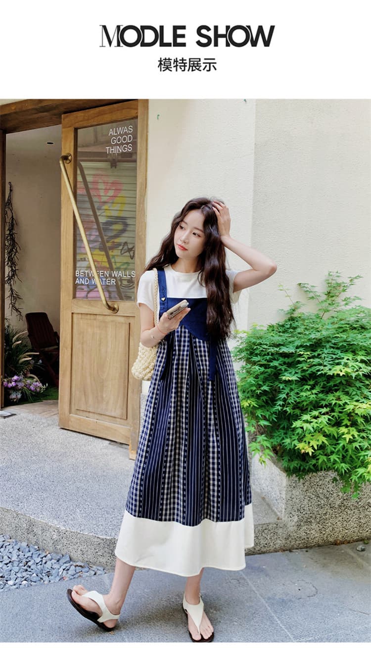 실사 출산 착용 체크무늬 패치워크 배색 멜빵 스커트 여성 여름 한국 스타일 루즈핏 연령 감소 학원 스타일 슬립 롱 스커트 상세 이미지 9