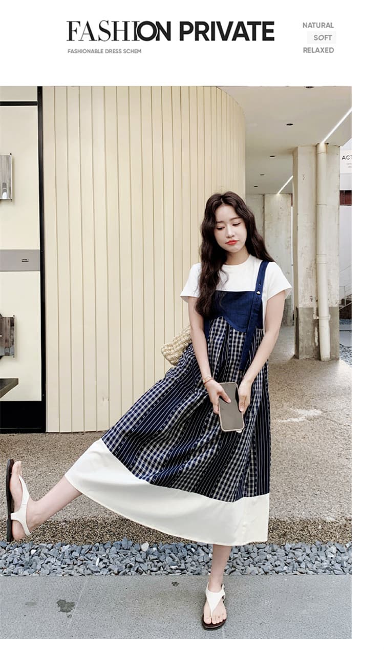실사 출산 착용 체크무늬 패치워크 배색 멜빵 스커트 여성 여름 한국 스타일 루즈핏 연령 감소 학원 스타일 슬립 롱 스커트 상세 이미지 13