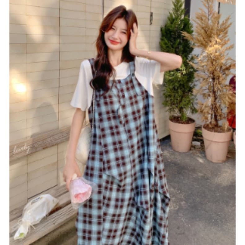 실사 출산 착용 체크무늬 여성 드레스 여름 새로운 한 부서 품격 느슨함 센스 페이크 레이어드 패치워크 슬립 드레스 이미지 2