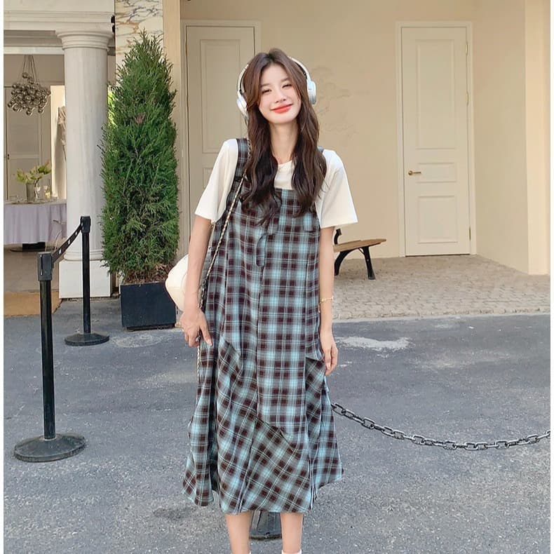 실사 출산 착용 체크무늬 여성 드레스 여름 새로운 한 부서 품격 느슨함 센스 페이크 레이어드 패치워크 슬립 드레스 이미지 4