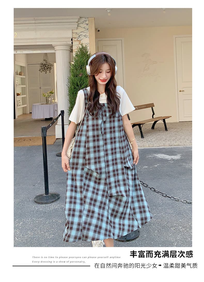 실사 출산 착용 체크무늬 여성 드레스 여름 새로운 한 부서 품격 느슨함 센스 페이크 레이어드 패치워크 슬립 드레스 상세 이미지 6