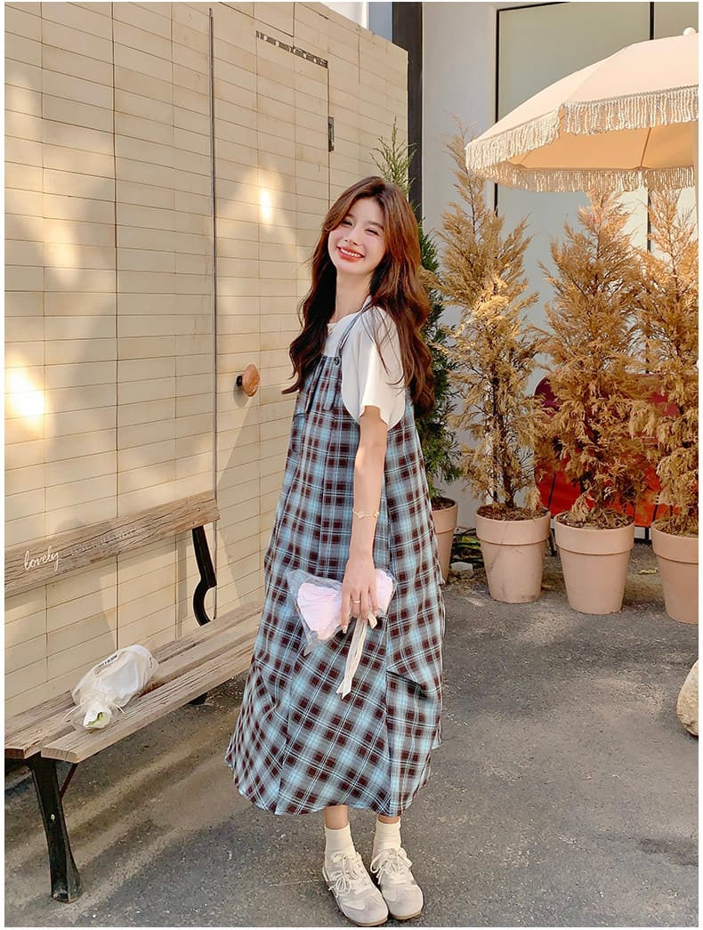 실사 출산 착용 체크무늬 여성 드레스 여름 새로운 한 부서 품격 느슨함 센스 페이크 레이어드 패치워크 슬립 드레스 상세 이미지 8