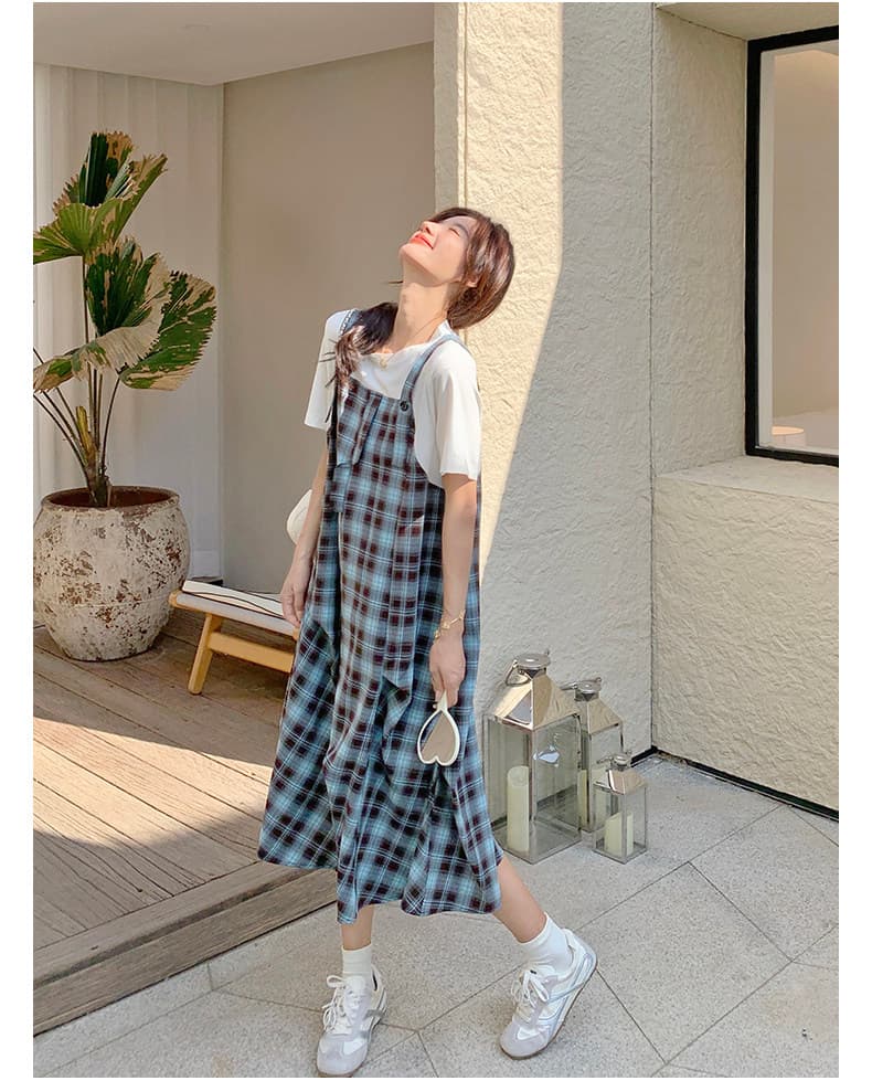 실사 출산 착용 체크무늬 여성 드레스 여름 새로운 한 부서 품격 느슨함 센스 페이크 레이어드 패치워크 슬립 드레스 상세 이미지 9