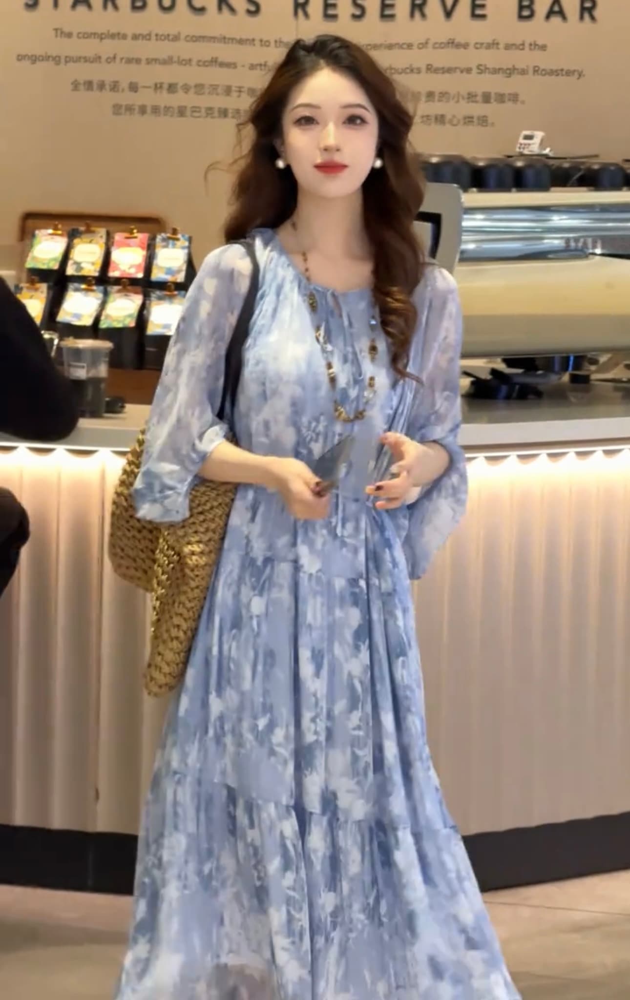 출산 착용 루즈핏 빅 사이즈 중간 길이 해변가 휴가 치마 여름 새로운 루즈핏 라운드 넥 슬림해 보이는 프린트 드레스 상세 이미지 18