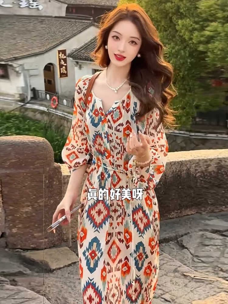 출산 착용 느긋한 바람 해변가 휴가 프랑스식 여성 드레스 여름 치마 빅 사이즈 캐주얼 루즈핏 꽃무늬 치마 이미지 2