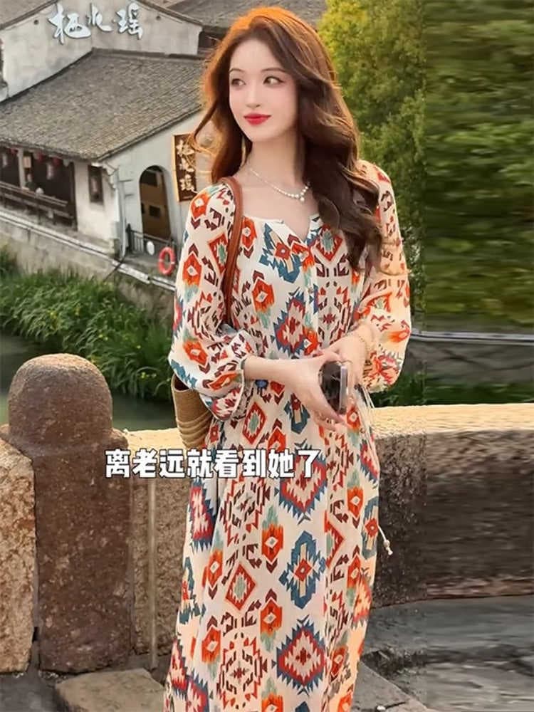 출산 착용 느긋한 바람 해변가 휴가 프랑스식 여성 드레스 여름 치마 빅 사이즈 캐주얼 루즈핏 꽃무늬 치마 상세 이미지 10