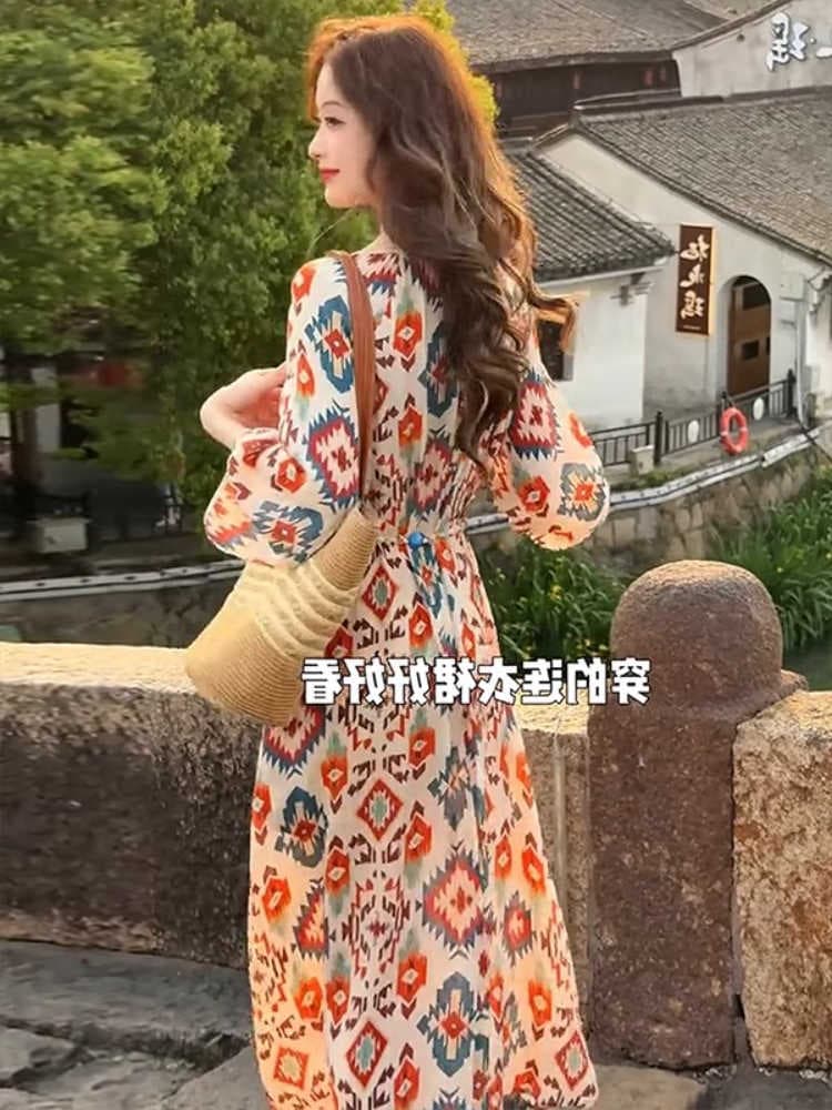 출산 착용 느긋한 바람 해변가 휴가 프랑스식 여성 드레스 여름 치마 빅 사이즈 캐주얼 루즈핏 꽃무늬 치마 상세 이미지 11
