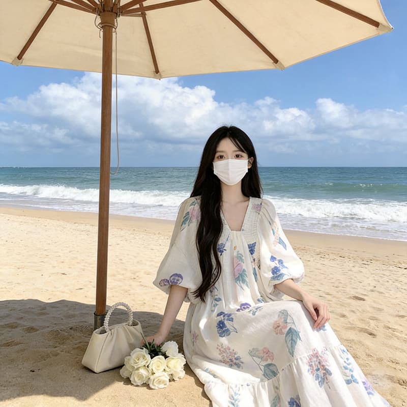 실사 여름 출산 착용 빅 사이즈 휴가 바람 드레스 품격 명문 여성 꽃무늬 거품 소매 V넥 아름다운 작은 치마 이미지 4
