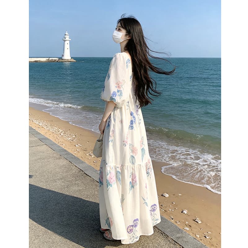 실사 여름 출산 착용 빅 사이즈 휴가 바람 드레스 품격 명문 여성 꽃무늬 거품 소매 V넥 아름다운 작은 치마 이미지 2