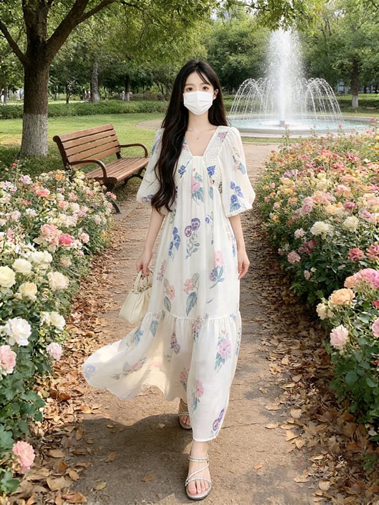 실사 여름 출산 착용 빅 사이즈 휴가 바람 드레스 품격 명문 여성 꽃무늬 거품 소매 V넥 아름다운 작은 치마 상세 이미지 2