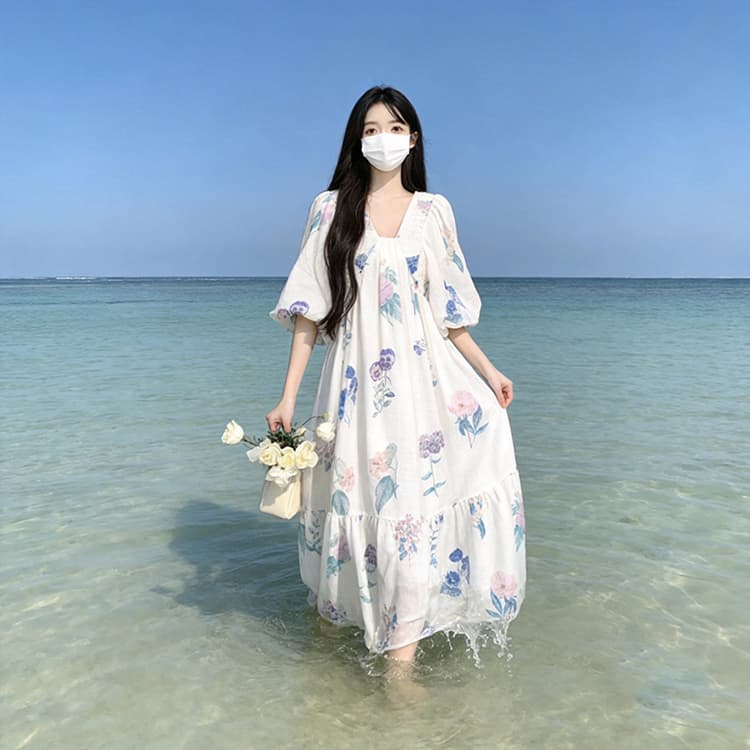 실사 여름 출산 착용 빅 사이즈 휴가 바람 드레스 품격 명문 여성 꽃무늬 거품 소매 V넥 아름다운 작은 치마 상세 이미지 6