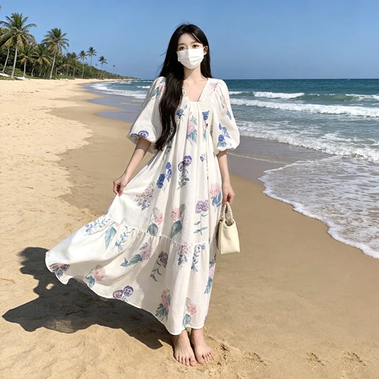 실사 여름 출산 착용 빅 사이즈 휴가 바람 드레스 품격 명문 여성 꽃무늬 거품 소매 V넥 아름다운 작은 치마 상세 이미지 7