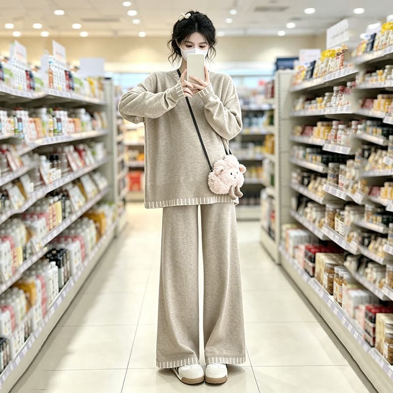 실사 출산 착용 가을 새로운 빅 사이즈 배색 니트 느긋한 품격 패션 루즈핏 세트 이미지 3