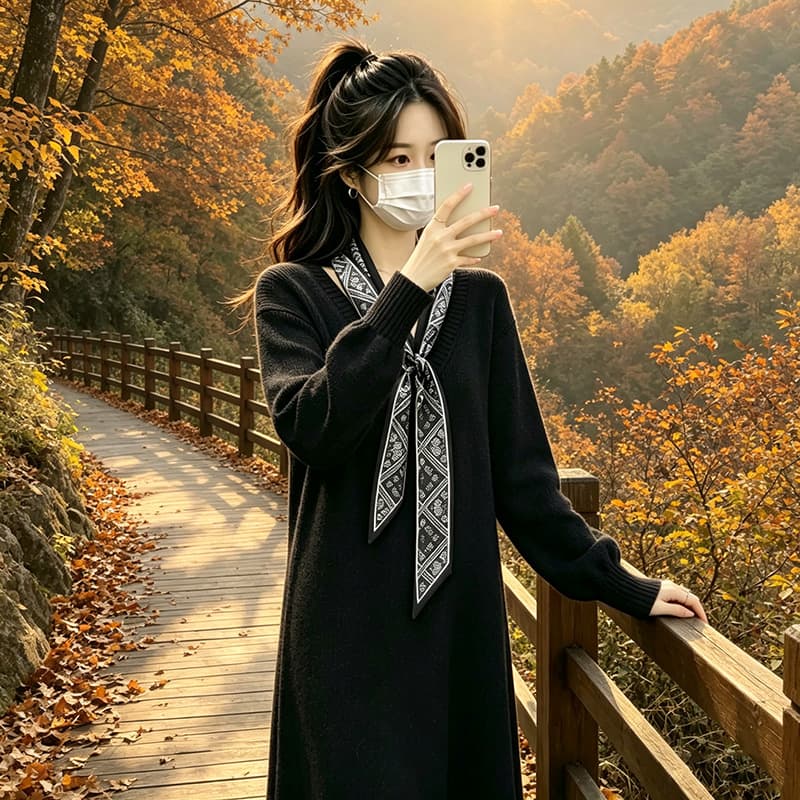 실사 출산 착용 가을 겨울 새로운 중간 길이 니트 드레스 슬림해 보이는 출산 스커트 이미지 4
