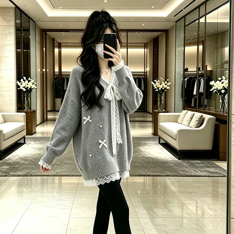실사 출산 착용 페이크 레이어드 레이스 나비 매듭 패치워크 루즈핏 스웨터 여성 의류 가을 느긋한 바람 니트 스웨터 이미지 3