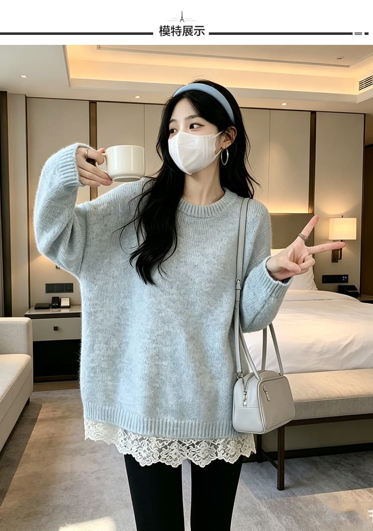 실사 출산 착용 루즈핏 빅 사이즈 스웨터 루즈핏 슬림해 보이는 느긋한 바람 긴팔 니트 스웨터 가을 겨울 의류 스웨터 상세 이미지 5