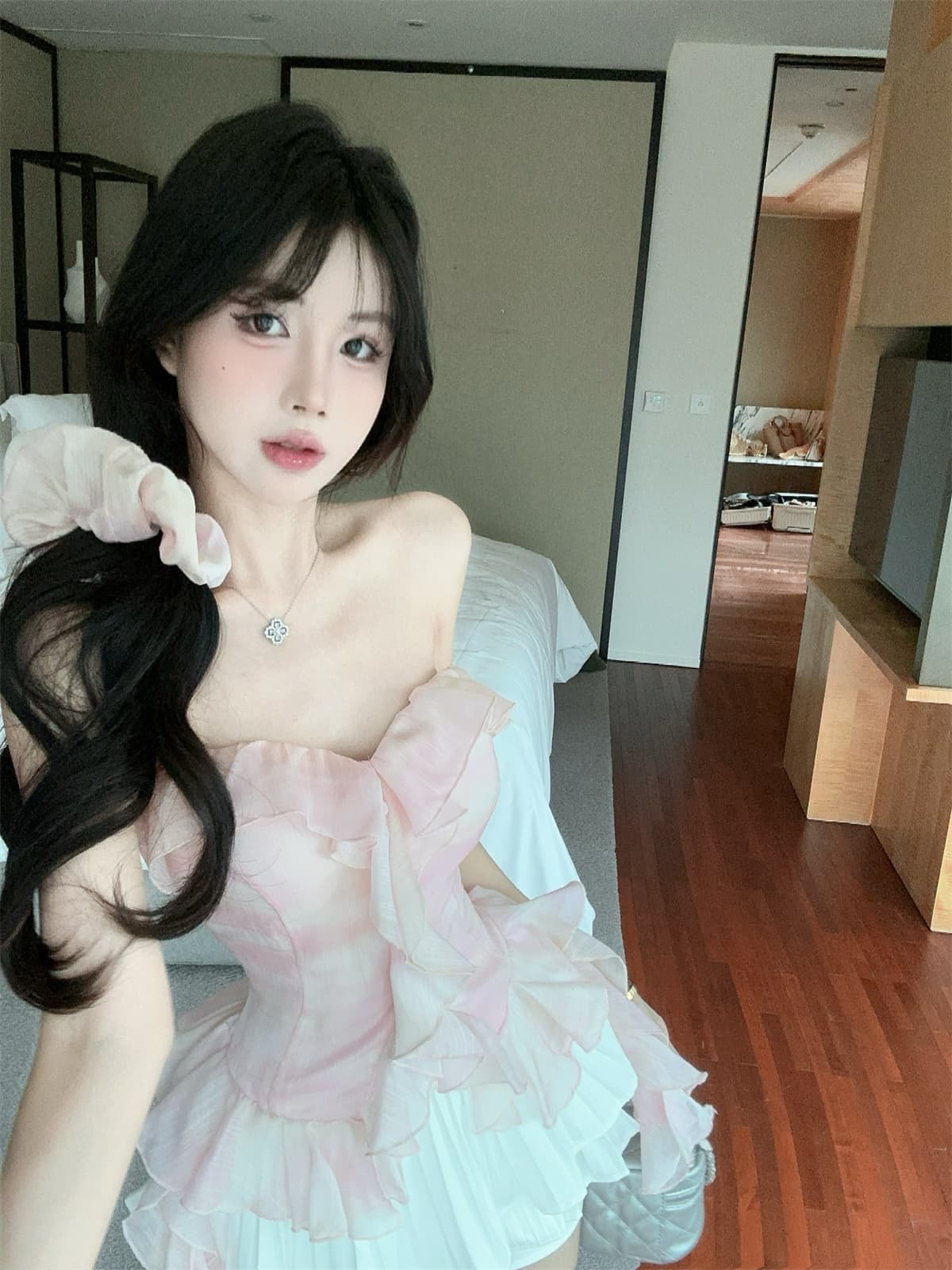 실제 촬영 정가 프랑스어 프릴 불규칙한 아이스크림 색상 튜브 톱 맨위 플리트 스커트 여자 여름 정장 상세 이미지 7