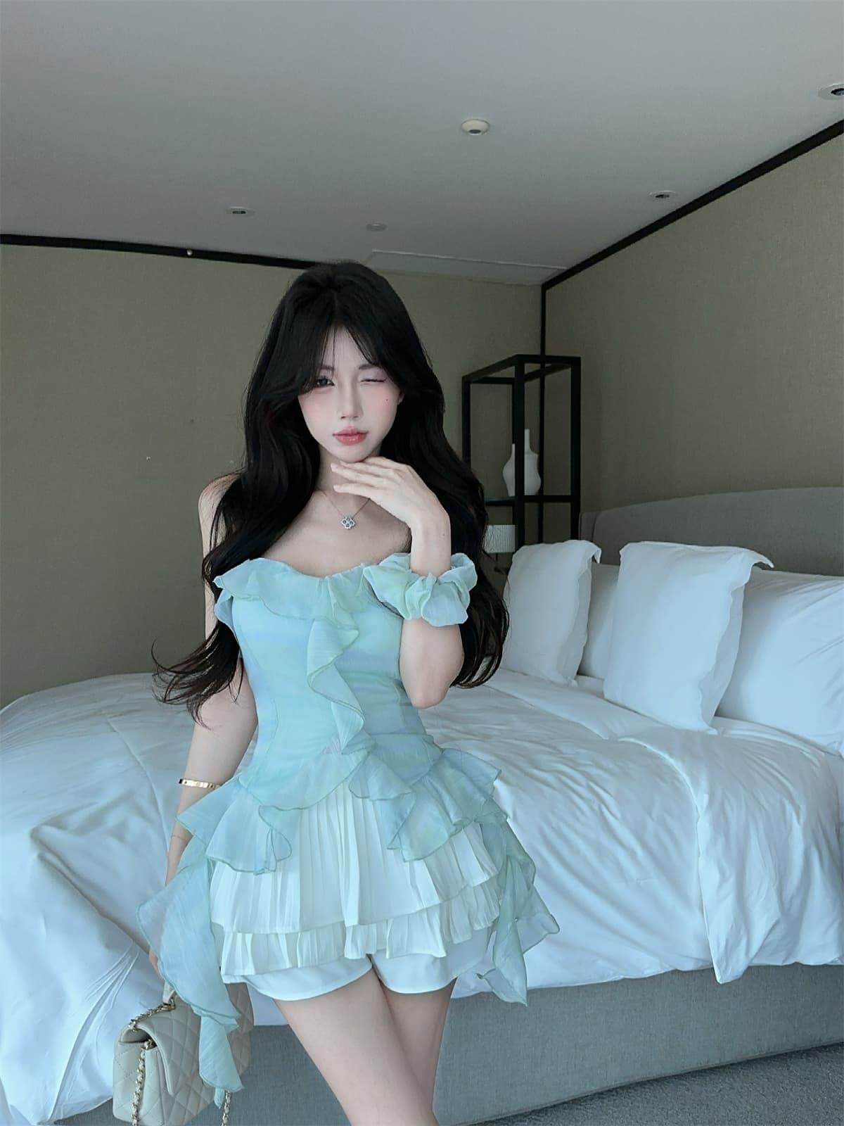 실제 촬영 정가 프랑스어 프릴 불규칙한 아이스크림 색상 튜브 톱 맨위 플리트 스커트 여자 여름 정장 상세 이미지 18