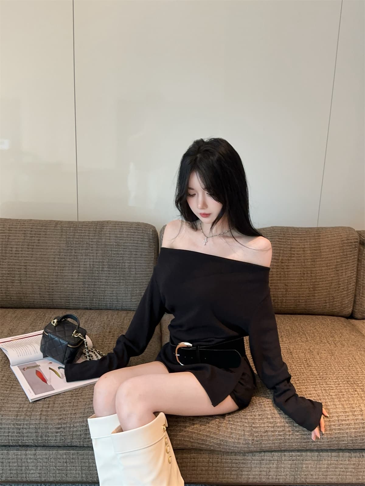 실사 정가 순수한 욕망 달콤한 매운맛 튀김 거리 오프숄더 긴 소매 티셔츠 벨트 맨위 반바지 여성 가을 패션 세트 상세 이미지 3