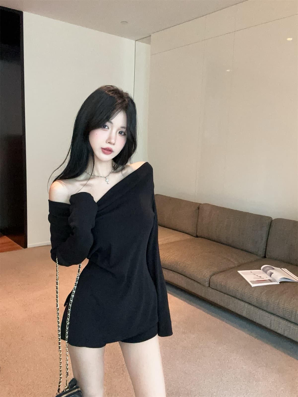 실사 정가 순수한 욕망 달콤한 매운맛 튀김 거리 오프숄더 긴 소매 티셔츠 벨트 맨위 반바지 여성 가을 패션 세트 상세 이미지 4