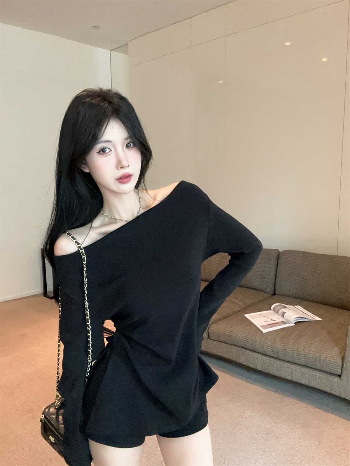 실사 정가 순수한 욕망 달콤한 매운맛 튀김 거리 오프숄더 긴 소매 티셔츠 벨트 맨위 반바지 여성 가을 패션 세트 상세 이미지 5