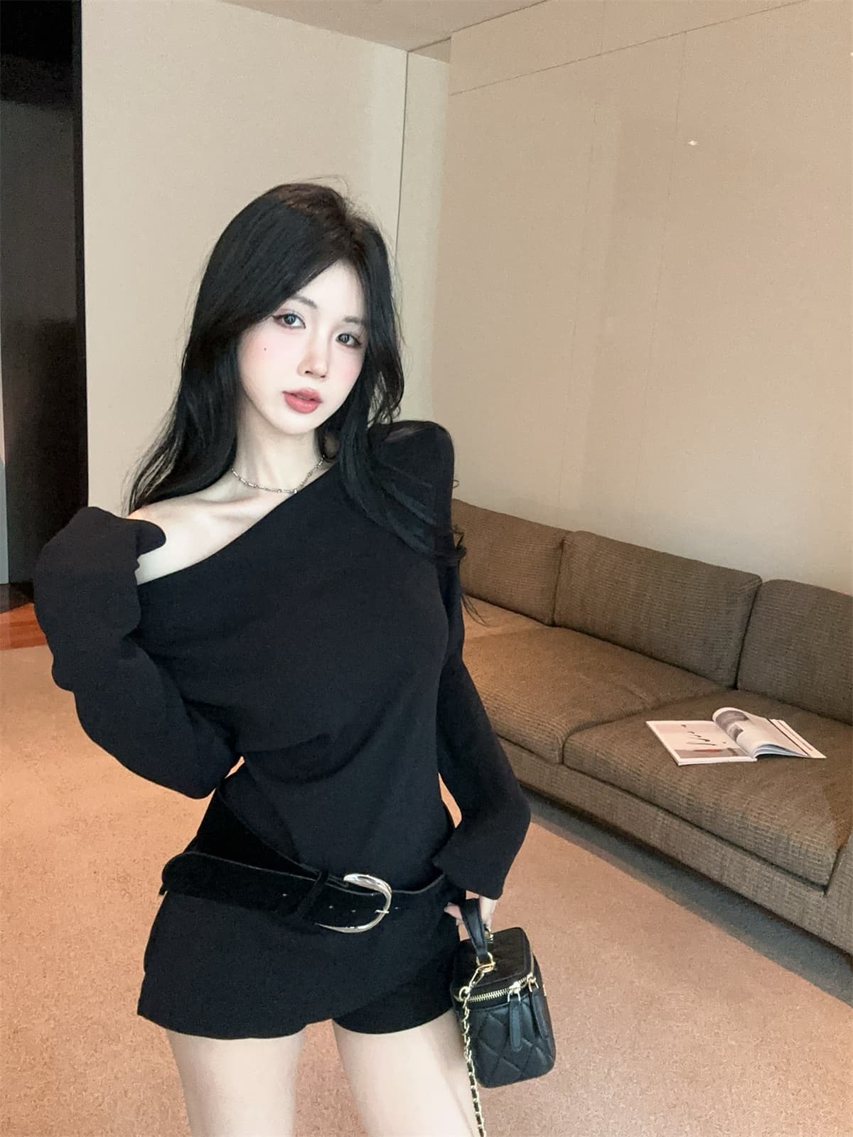 실사 정가 순수한 욕망 달콤한 매운맛 튀김 거리 오프숄더 긴 소매 티셔츠 벨트 맨위 반바지 여성 가을 패션 세트 상세 이미지 8