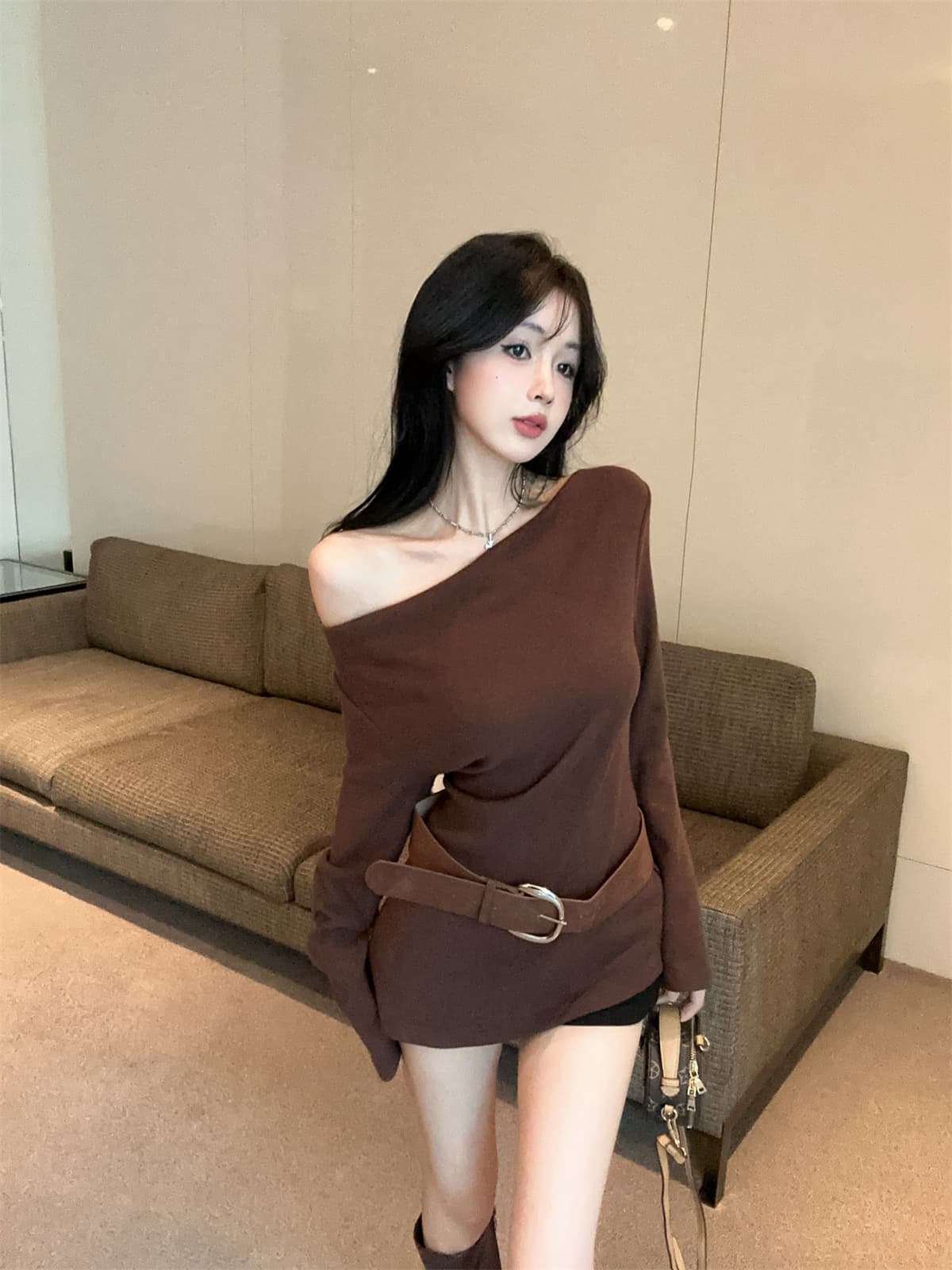 실사 정가 순수한 욕망 달콤한 매운맛 튀김 거리 오프숄더 긴 소매 티셔츠 벨트 맨위 반바지 여성 가을 패션 세트 상세 이미지 11