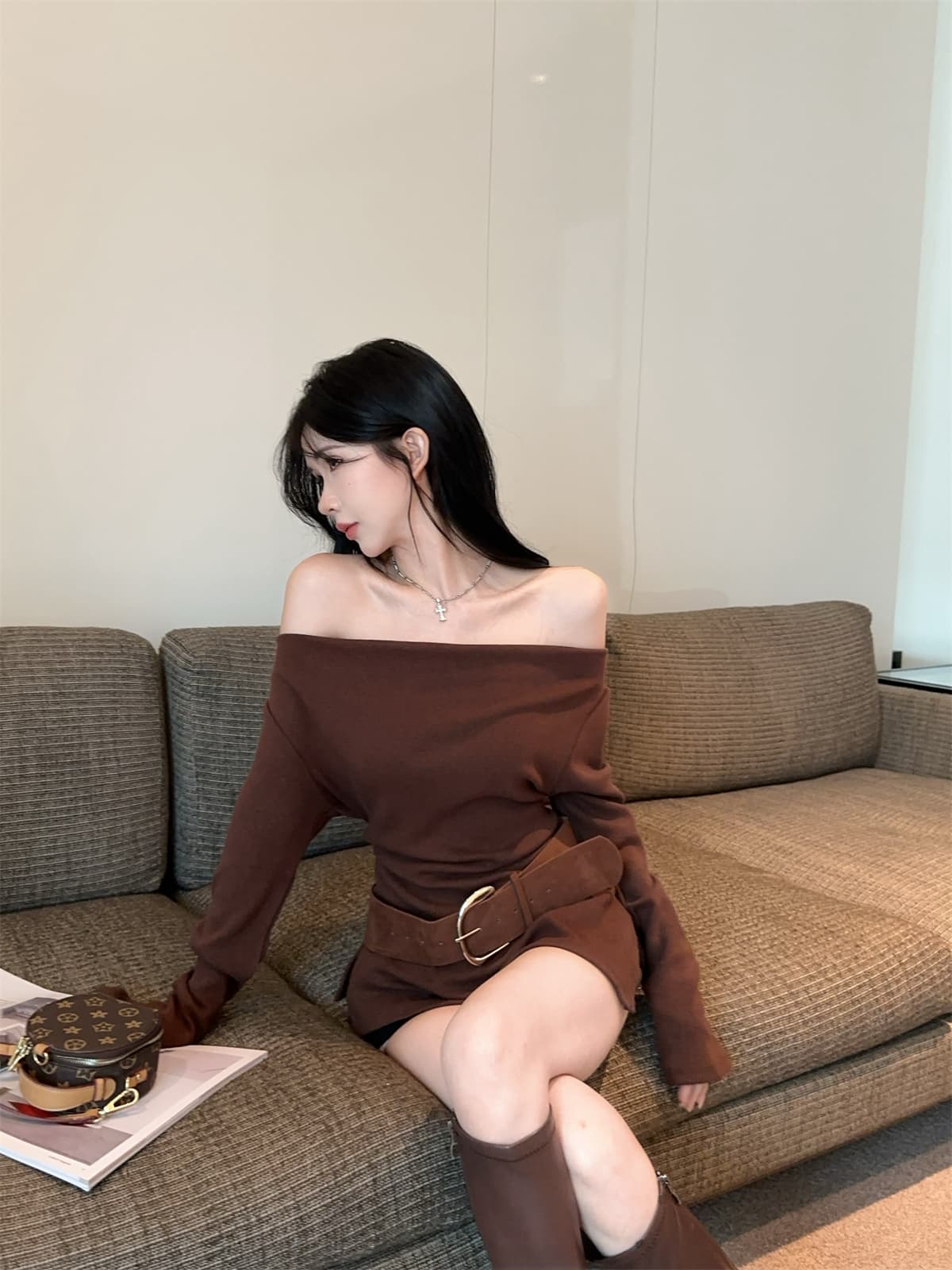 실사 정가 순수한 욕망 달콤한 매운맛 튀김 거리 오프숄더 긴 소매 티셔츠 벨트 맨위 반바지 여성 가을 패션 세트 상세 이미지 14