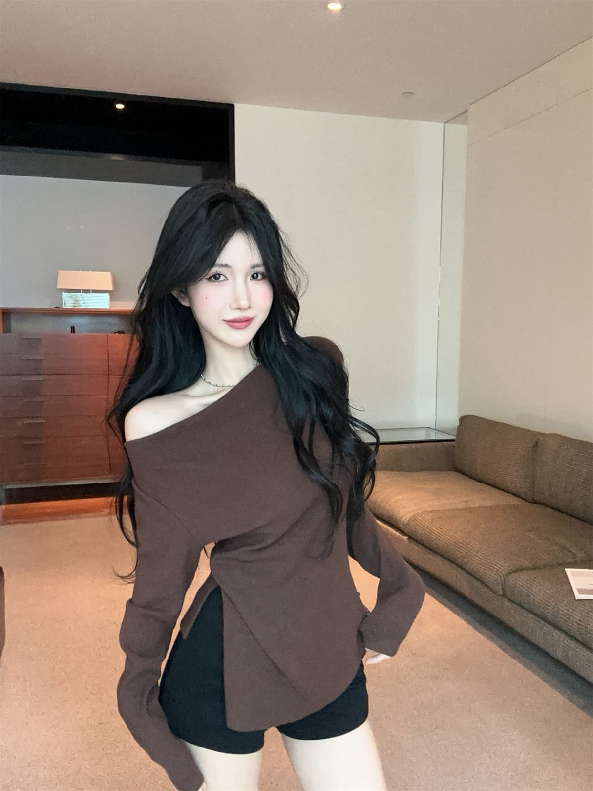 실사 정가 순수한 욕망 달콤한 매운맛 튀김 거리 오프숄더 긴 소매 티셔츠 벨트 맨위 반바지 여성 가을 패션 세트 상세 이미지 15