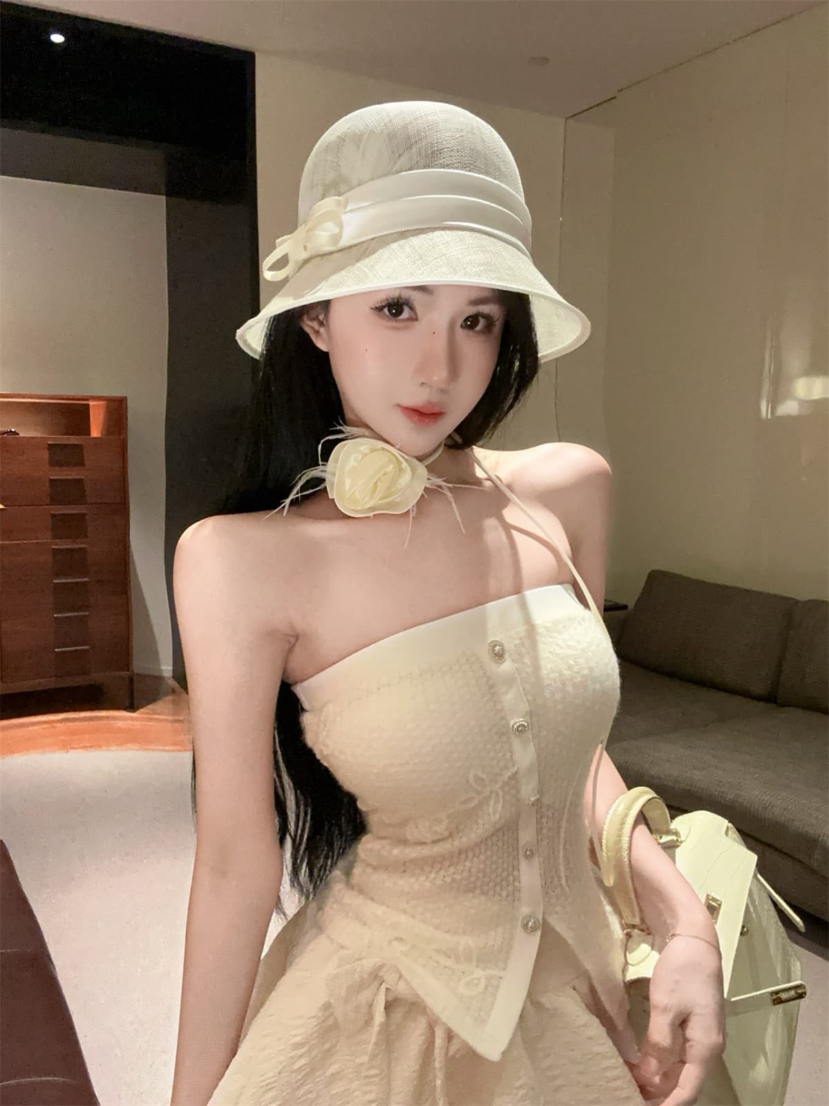 실사 정가 달콤함 무늬 목도리 꽃 패치워크 색상 튜브탑 핫걸 맨위 퍼프 스커트 여성 가을 겨울 세트 이미지 4