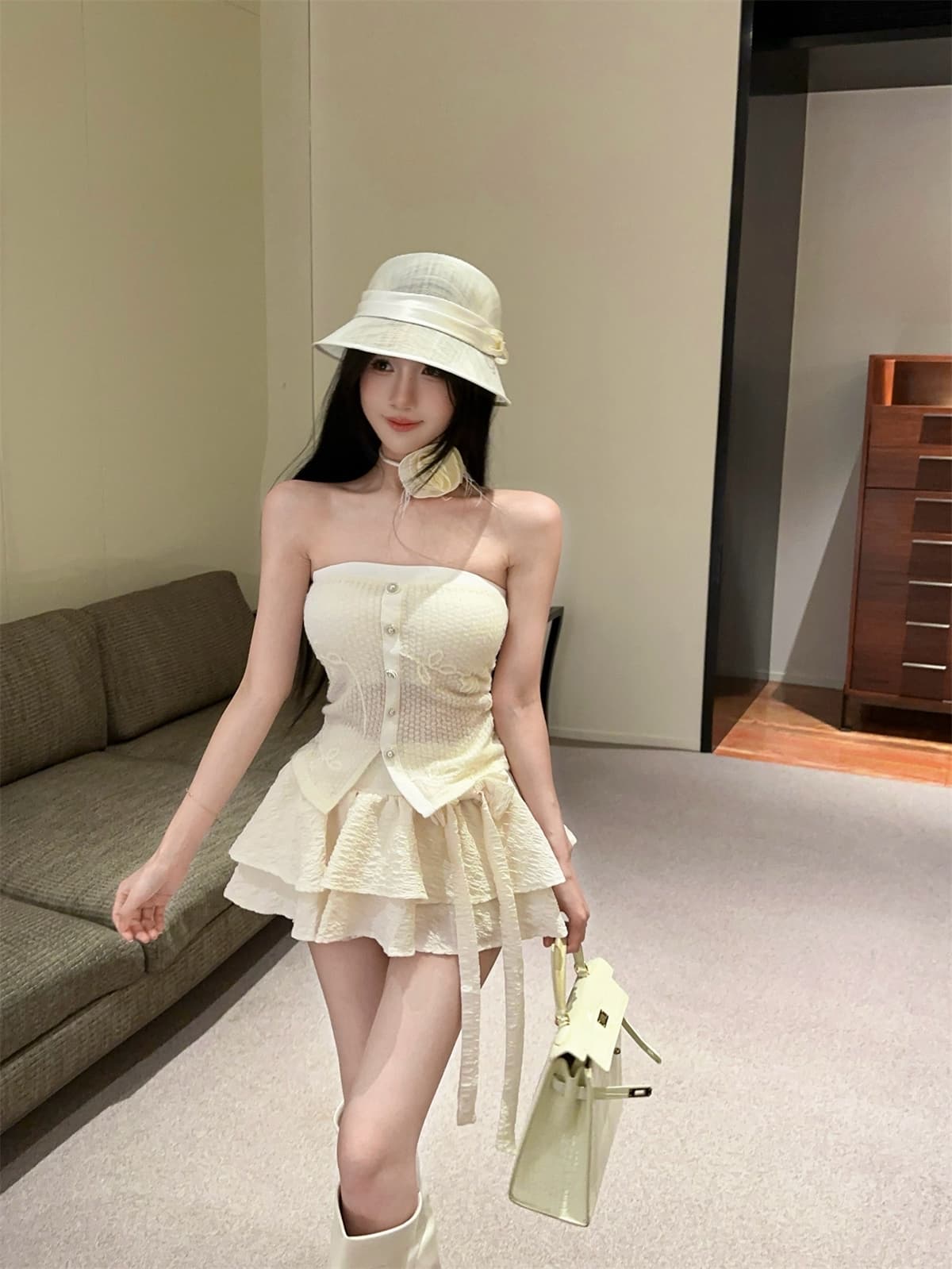 실사 정가 달콤함 무늬 목도리 꽃 패치워크 색상 튜브탑 순수한 욕망 맨위 퍼프 스커트 여성 가을 세트 상세 이미지 4