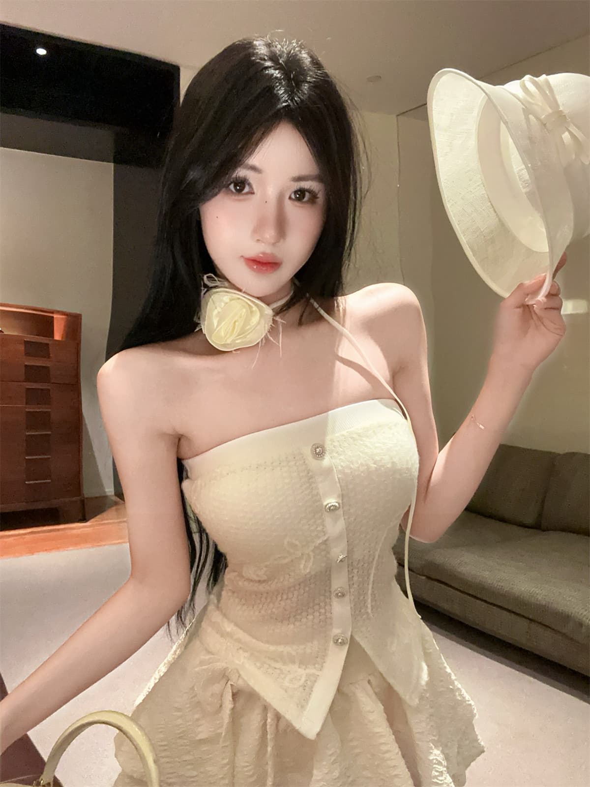 실사 정가 달콤함 무늬 목도리 꽃 패치워크 색상 튜브탑 순수한 욕망 맨위 퍼프 스커트 여성 가을 세트 상세 이미지 6