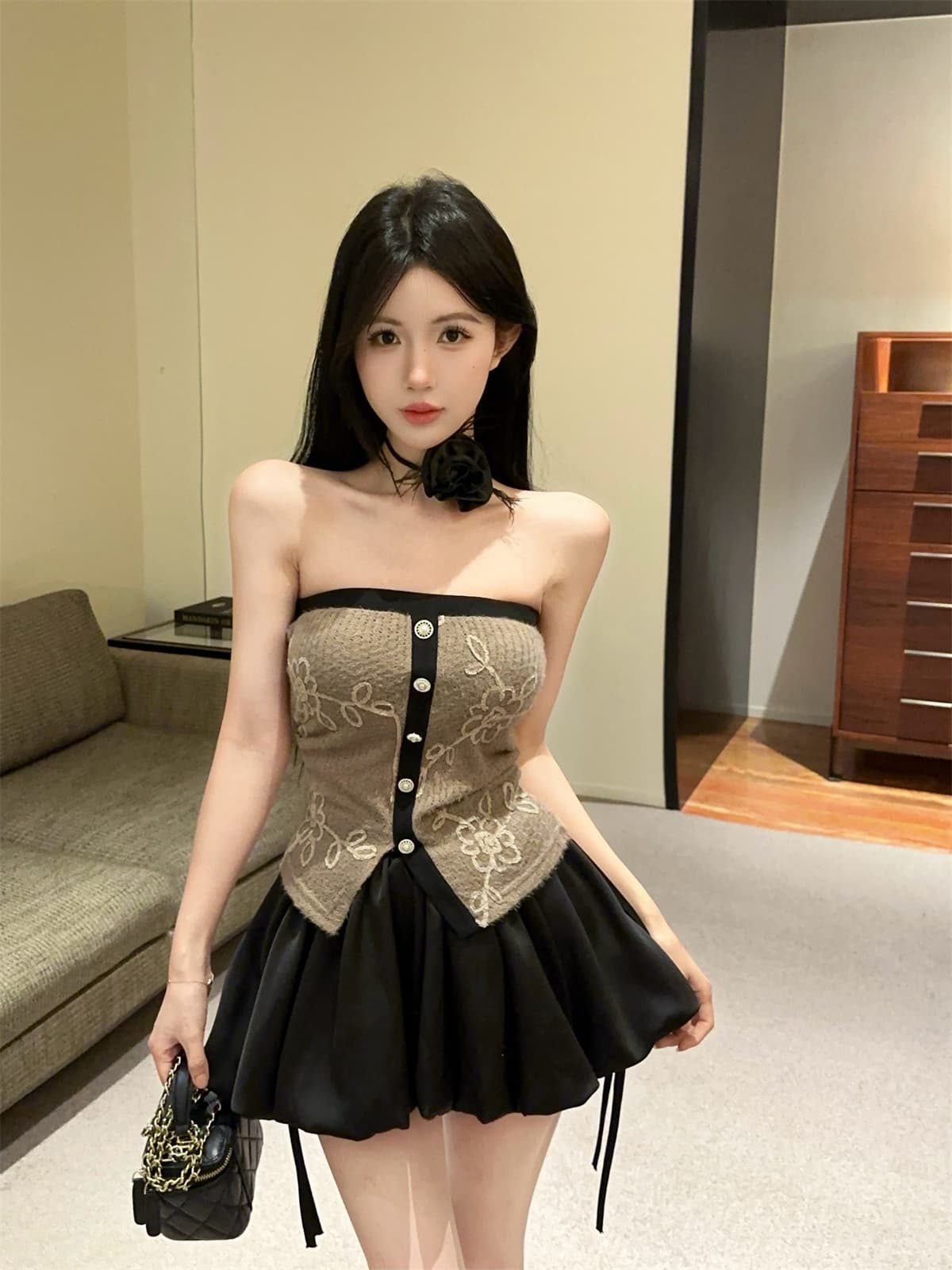 실사 정가 달콤함 무늬 목도리 꽃 패치워크 색상 튜브탑 순수한 욕망 맨위 퍼프 스커트 여성 가을 세트 상세 이미지 14
