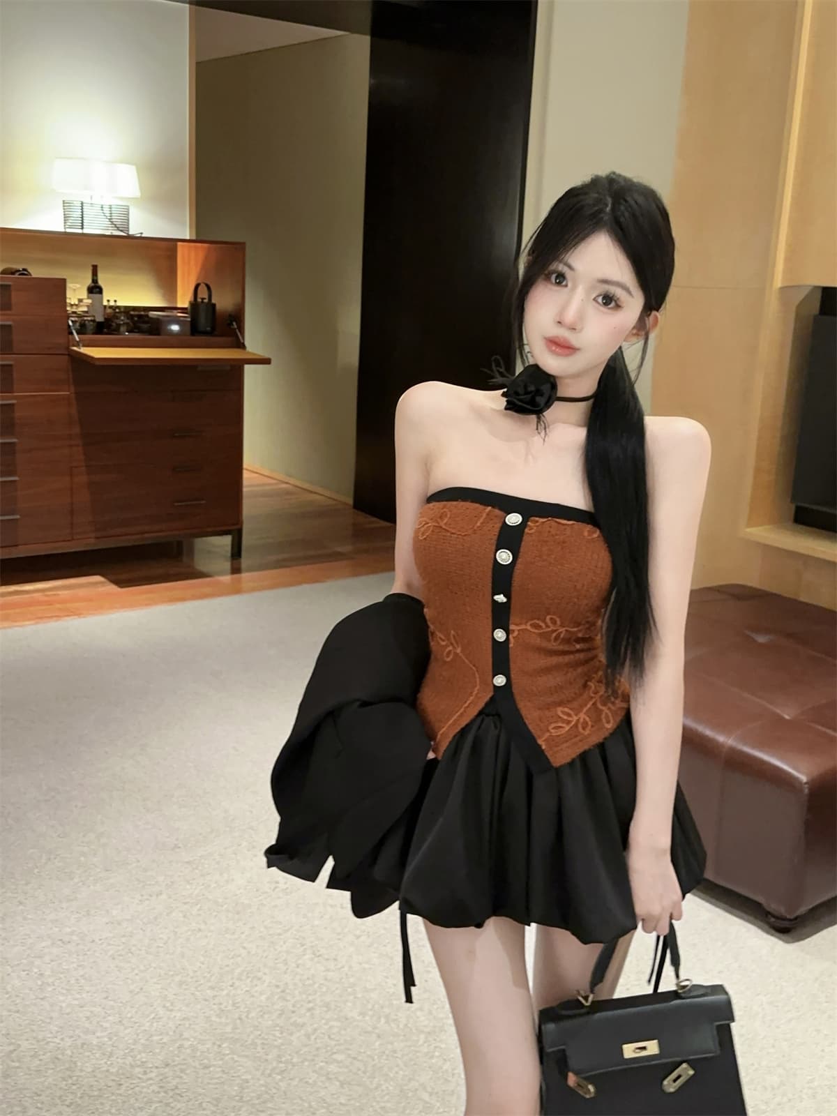 실사 정가 달콤함 무늬 목도리 꽃 패치워크 색상 튜브탑 순수한 욕망 맨위 퍼프 스커트 여성 가을 세트 상세 이미지 17
