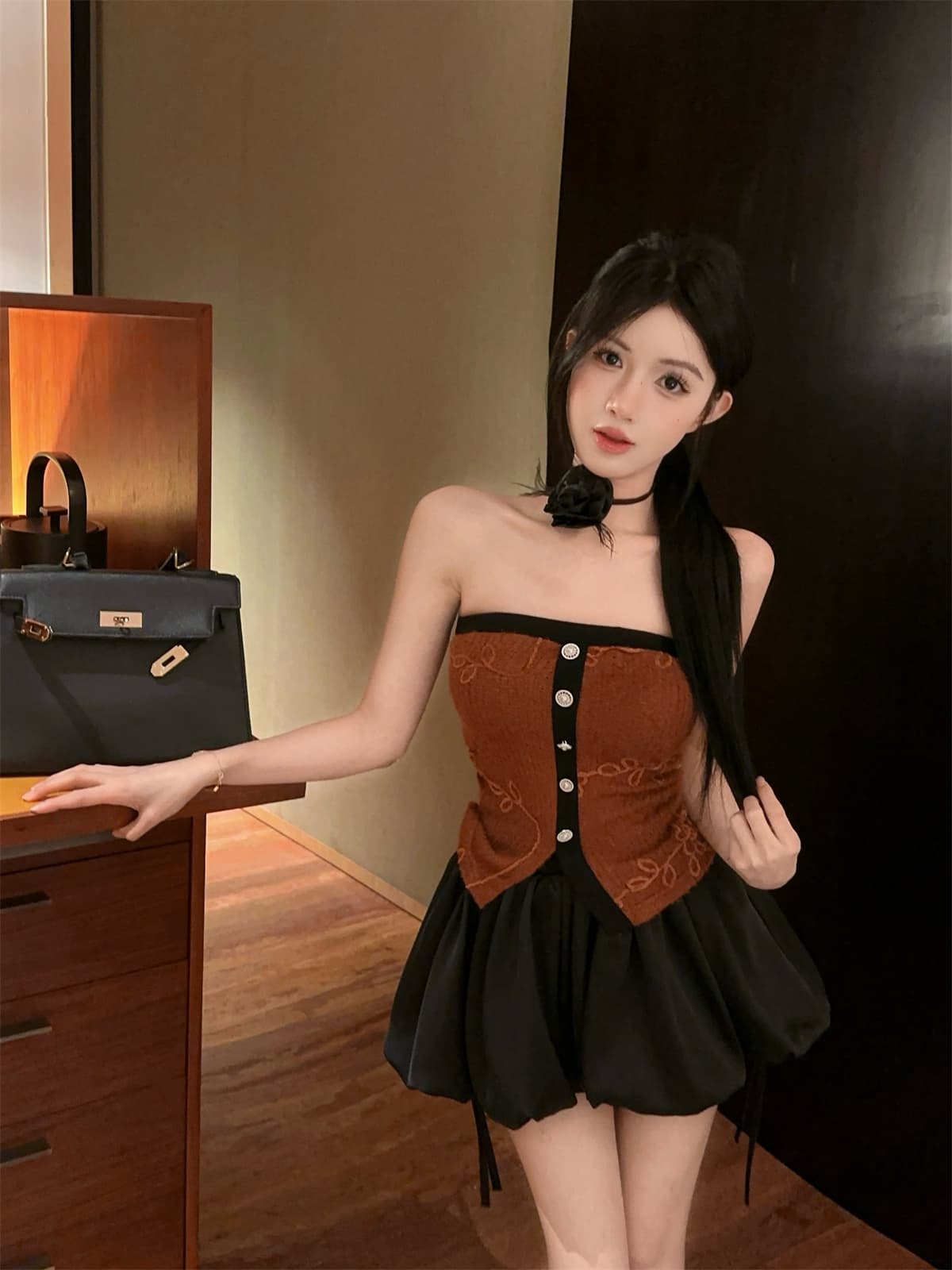 실사 정가 달콤함 무늬 목도리 꽃 패치워크 색상 튜브탑 순수한 욕망 맨위 퍼프 스커트 여성 가을 세트 상세 이미지 23