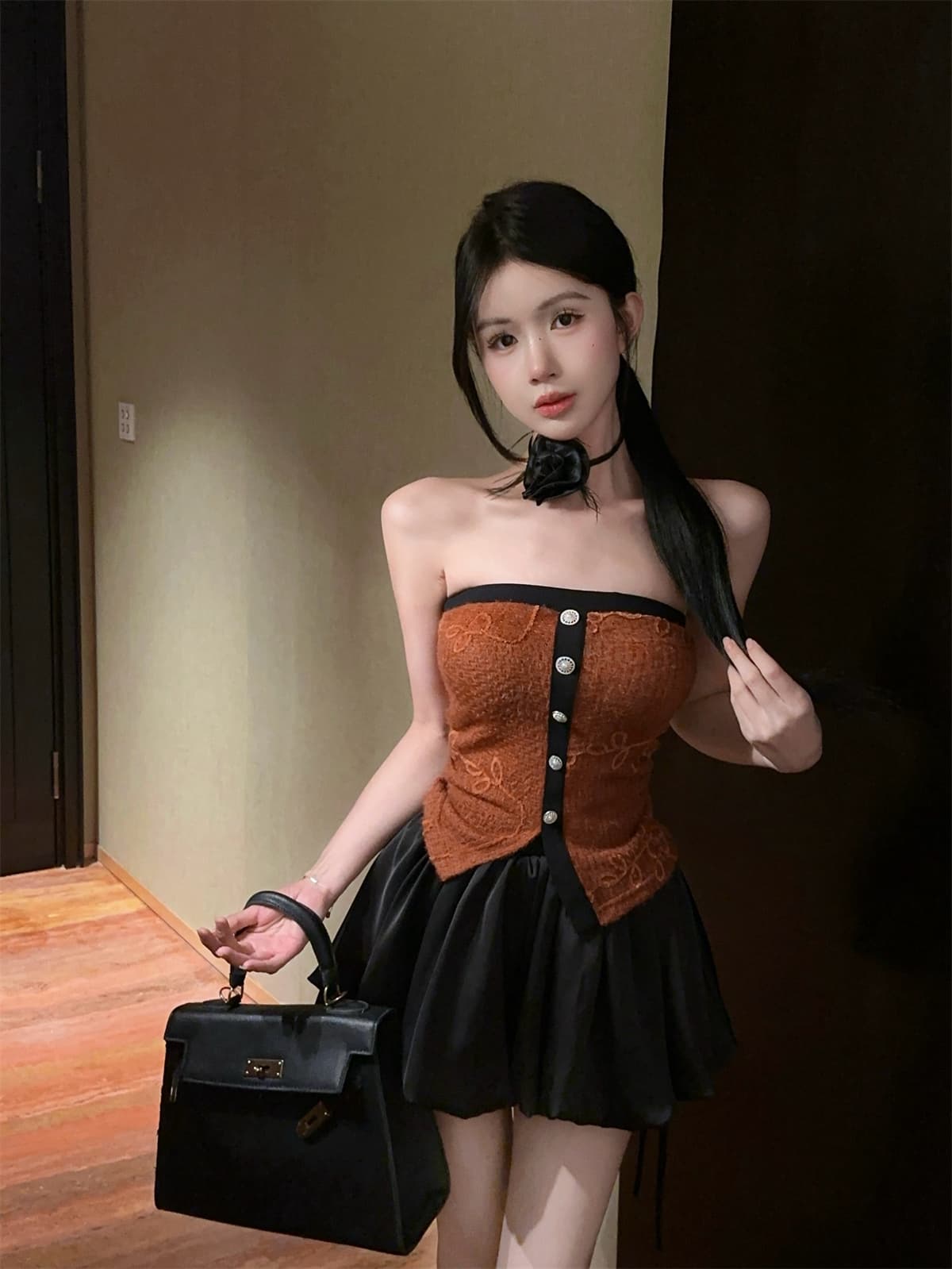 실사 정가 달콤함 무늬 목도리 꽃 패치워크 색상 튜브탑 순수한 욕망 맨위 퍼프 스커트 여성 가을 세트 상세 이미지 25