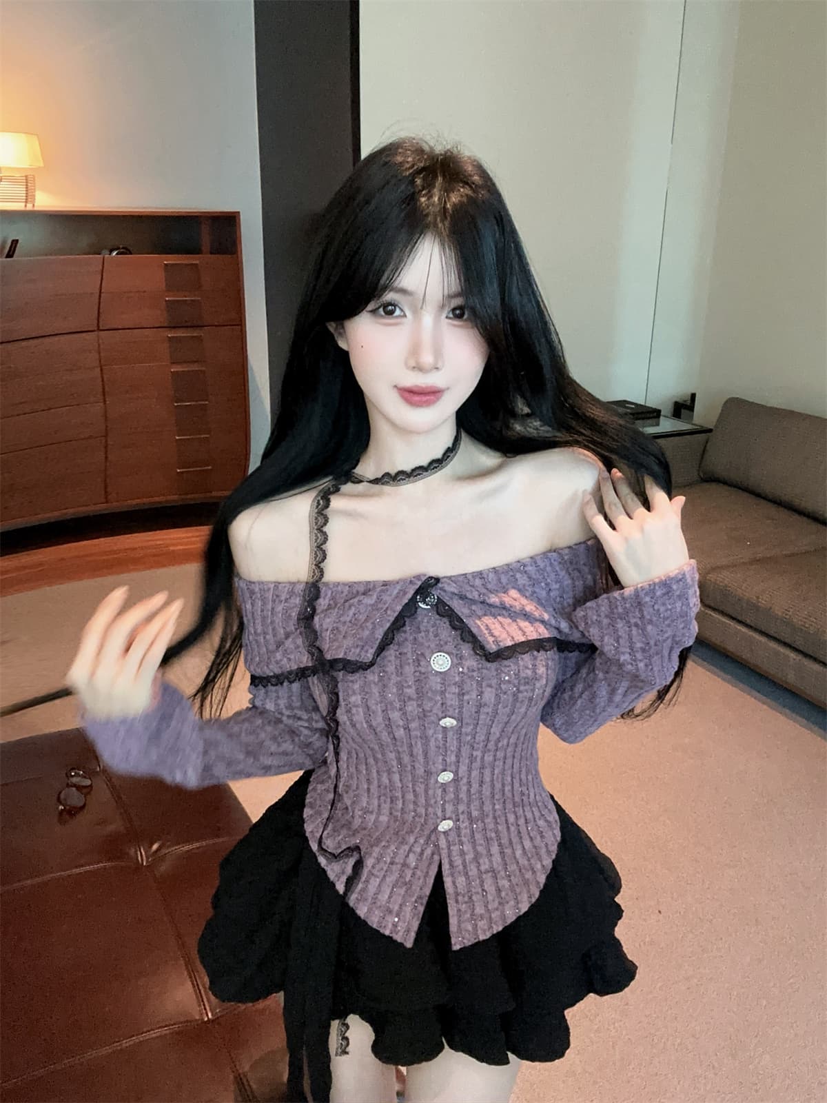 실사 정가 순수한 욕망 오프숄더 철자 레이스 목도리 광택 실 니트 맨위 케이크 드레스 여성 가을 겨울 세트 상세 이미지 11