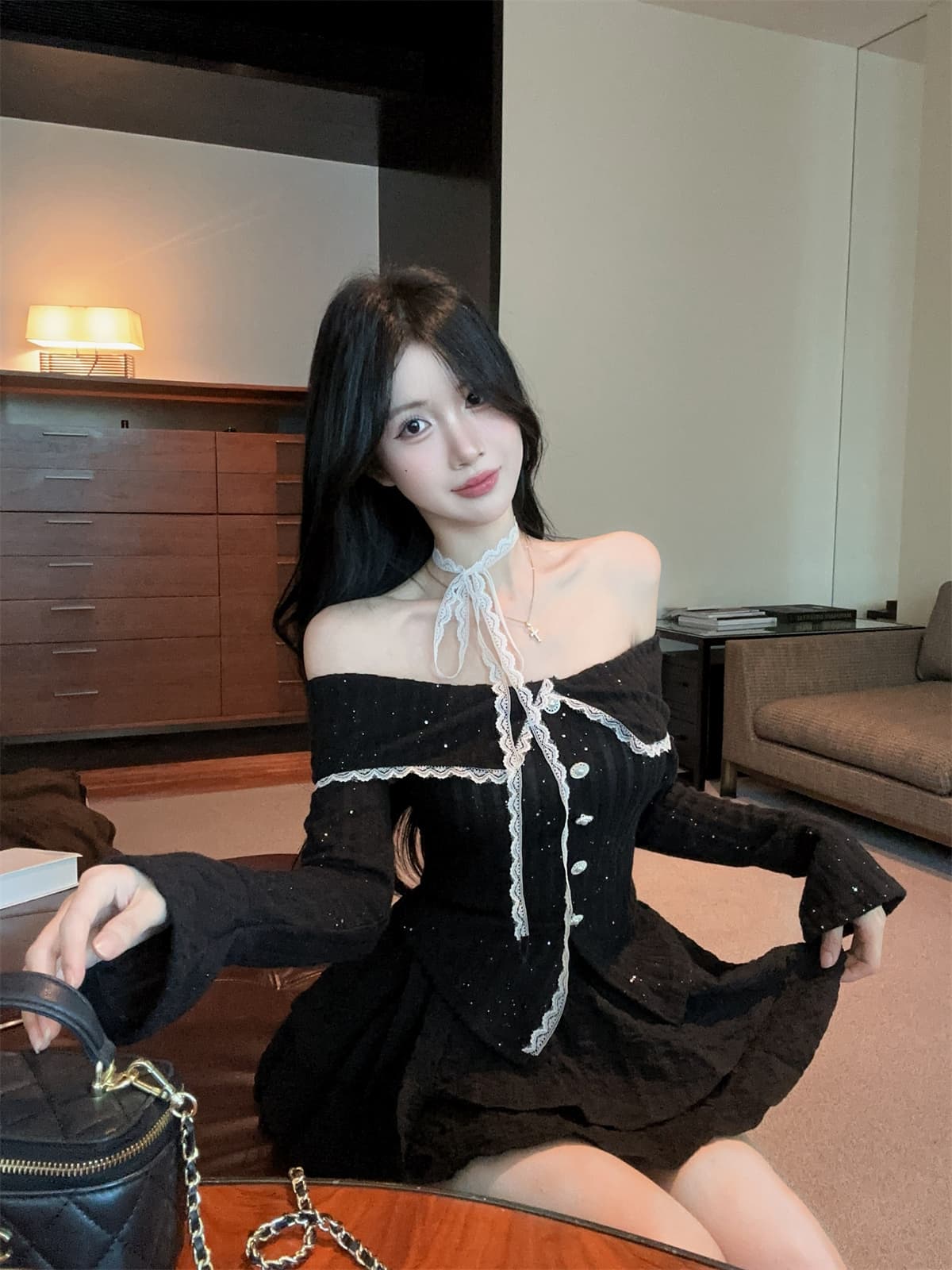 실사 정가 순수한 욕망 오프숄더 철자 레이스 목도리 광택 실 니트 맨위 케이크 드레스 여성 가을 겨울 세트 상세 이미지 18
