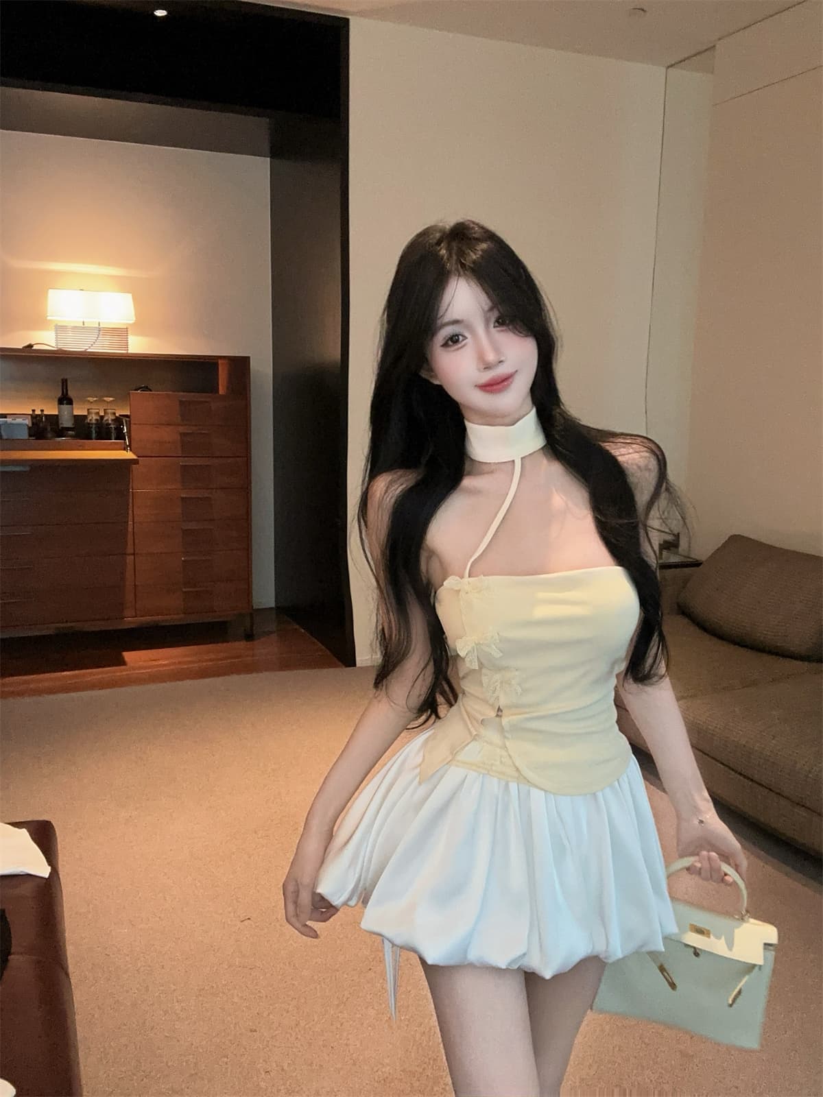 실사 정가 달콤한 욕망 나비 매듭 레이스 조각 행침 목 튜브탑 맨위 꽃밭 퍼프 스커트 여성 여름 세트 상세 이미지 20