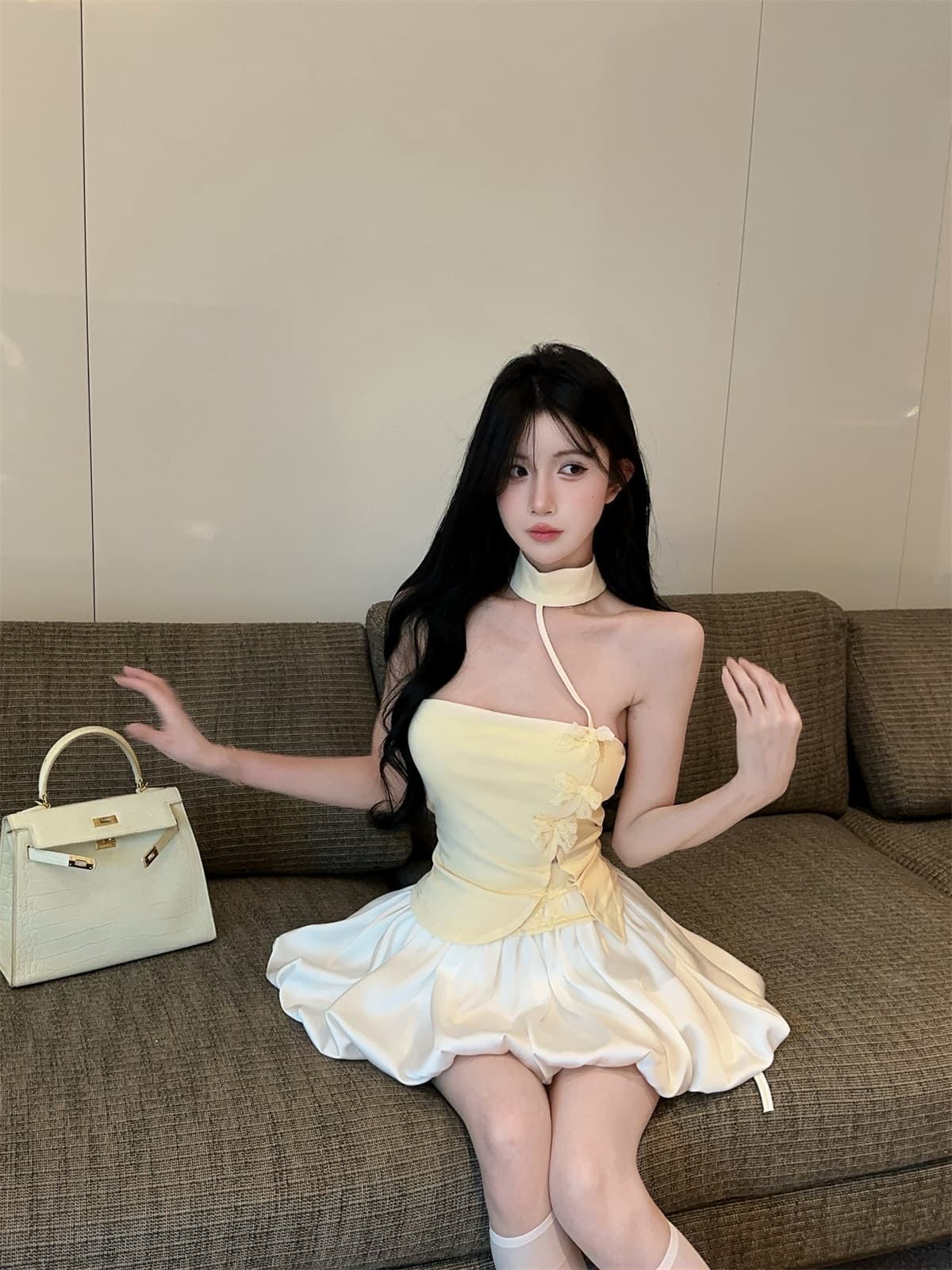 실사 정가 달콤한 욕망 나비 매듭 레이스 조각 행침 목 튜브탑 맨위 꽃밭 퍼프 스커트 여성 여름 세트 상세 이미지 21